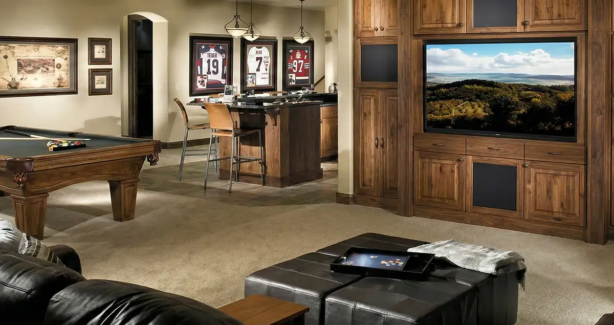 finished basement remodeling project transforming a basement into a comfortable living space in Des Moines, IA