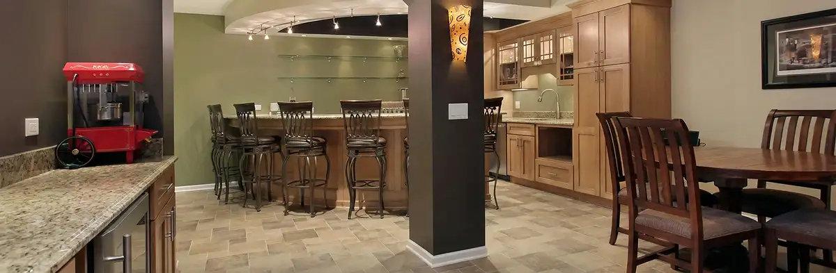 modern basement remodeling with custom finishes and open layout in a home in Des Moines, IA