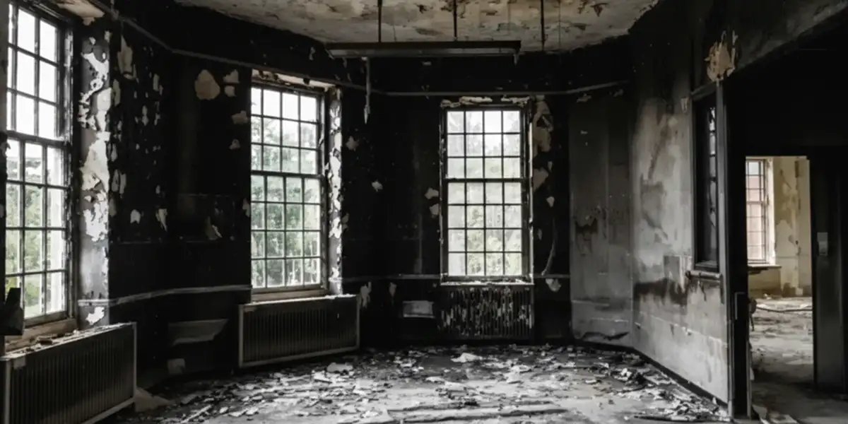 fire damage repair addressing severe interior damage and smoke residue inside a burned home in Des Moines, IA