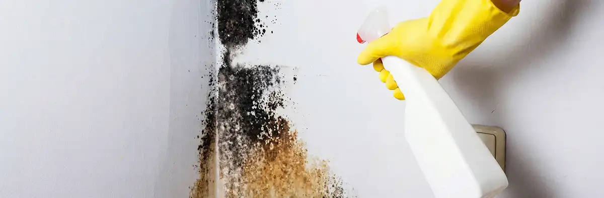 visible mold growth on an interior wall being treated during mold removal service in Des Moines, IA