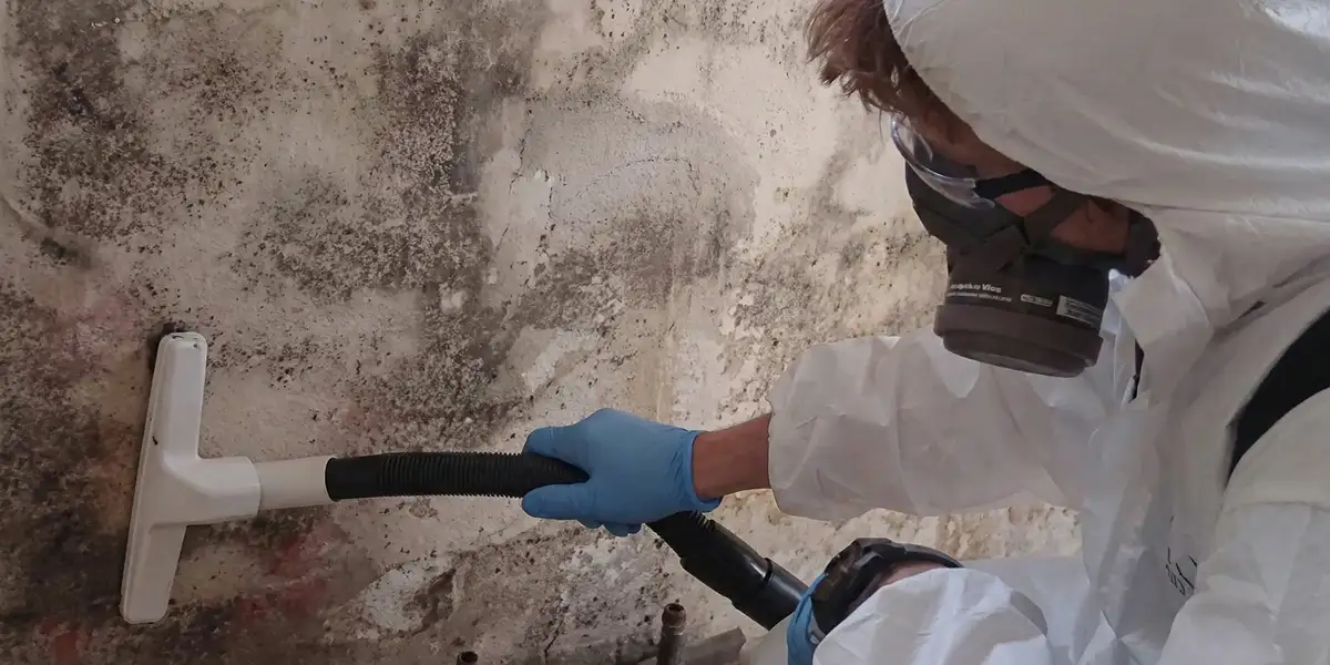 professional mold removal technician wearing protective equipment removing mold from a wall in Des Moines, IA