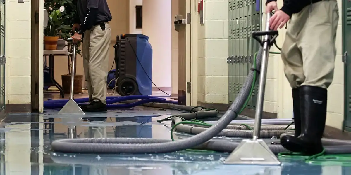 water damage restoration technicians performing professional water extraction inside a property in Des Moines, IA